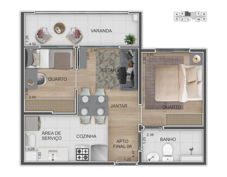Planta de 2 dormitórios com 40,83 m², finais 1 e 6 (desenho do final 6): varanda, estar, jantar, cozinha, área de serviço, banho e 2 quartos