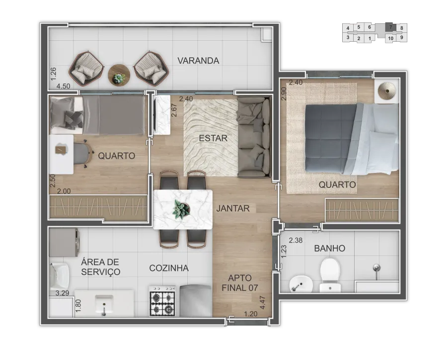 Planta de 2 dormitórios com 41 m², finais 7 e 10 (desenho do final 7): varanda, estar, jantar, cozinha, área de serviço, banho e 2 quartos