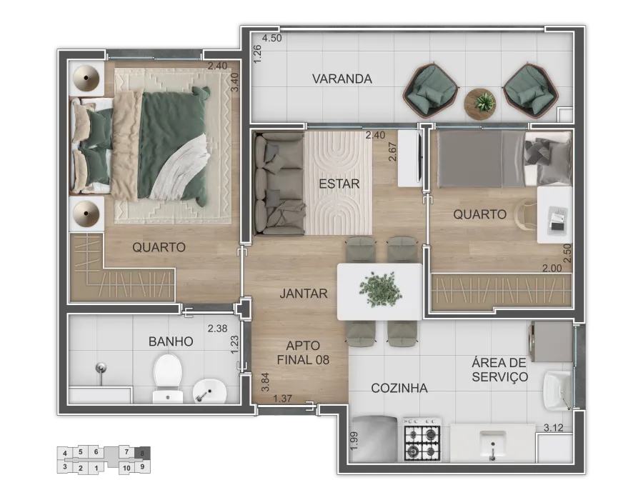 Planta de 2 dormitórios com 41,80 m², finais 3, 4, 8 e 9 (desenho do final 8): varanda, estar, jantar, cozinha, área de serviço, banho e 2 quartos