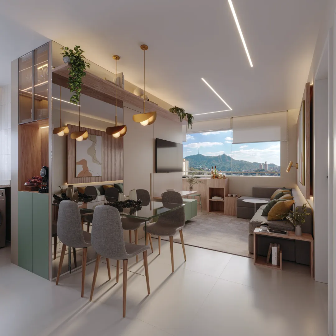 Sala de estar e jantar do apartamento decorado