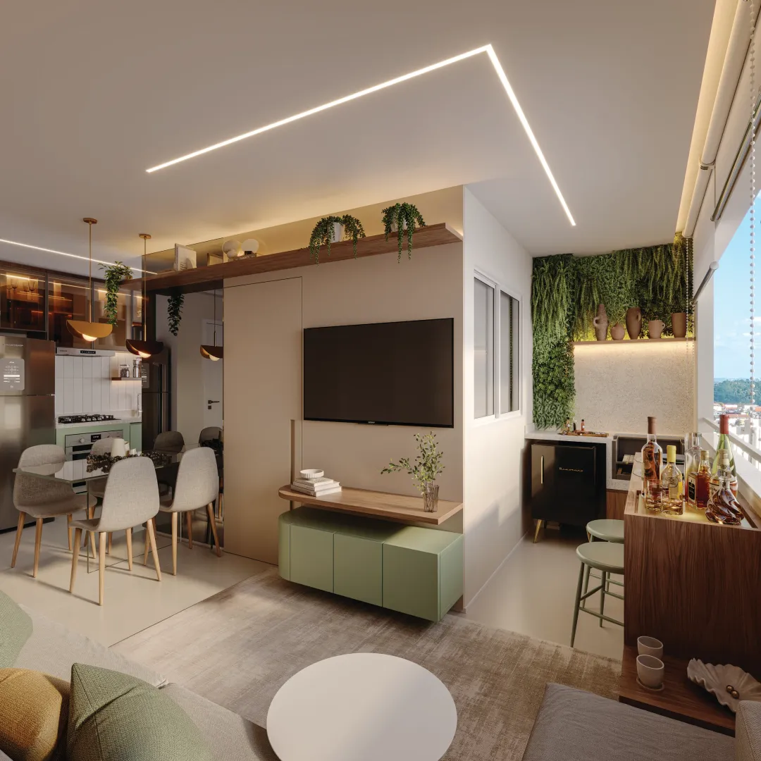 Sala de estar do apartamento decorado, com o jantar ao fundo